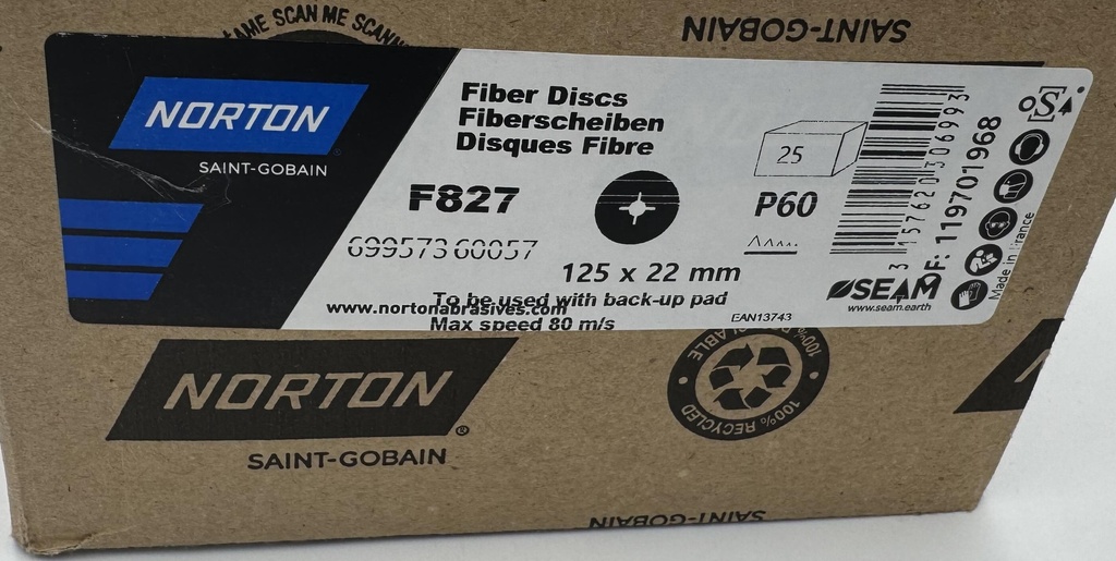 KRĄŻEK FIBROWY 125X22MM GR60 NORTON F827, TARCZA FIBROWA, DYSK FIBROWY