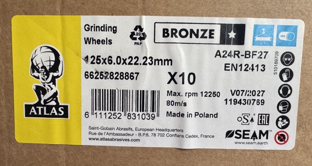 Tarcza do metalu 125X6X22.23MM - ATLAS BRONZE - stal czarna i nierdzewna